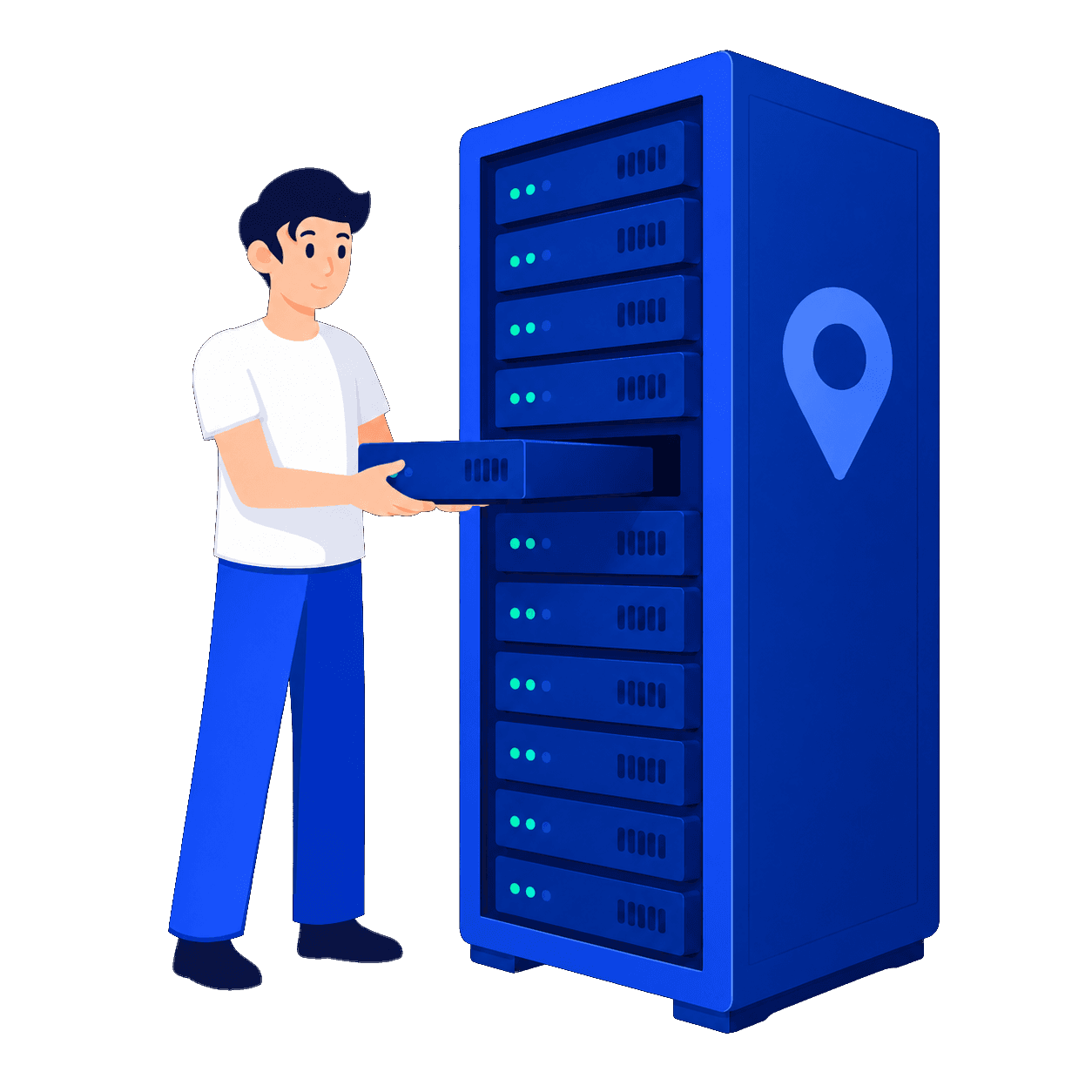 טכנאי אמפייר אייאל מתקין שרת בארון שרתים (Colocation) — תשתית בישראל