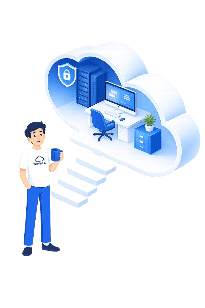 איור איזומטרי: משרד וירטואלי בענן עם שולחן עבודה, שרתים ומגן אבטחה, ודמות עם לוגו Empire IL