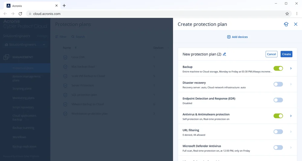 יצירת תוכנית הגנה בקונסולת Acronis Cyber Protect Cloud, עם גיבוי של המכונה כולה לענן