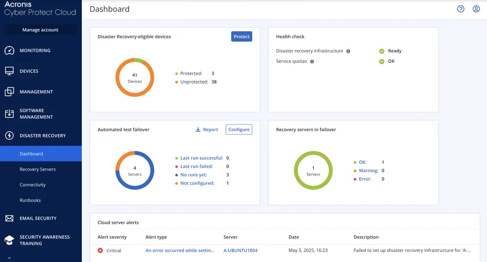לוח הבקרה של Disaster Recovery בקונסולת Acronis Cyber Protect Cloud