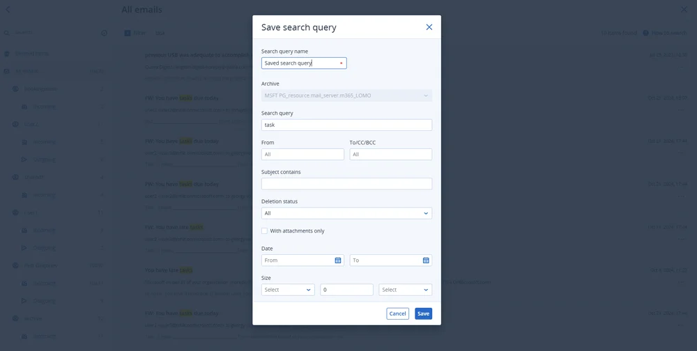 חיפוש בארכיון הדוא"ל של Acronis לפי שולח, נושא ותאריך